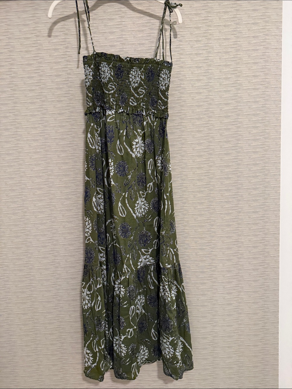 Zara Olive Green Floral Smocked Maxi Dress with Navy & White Print